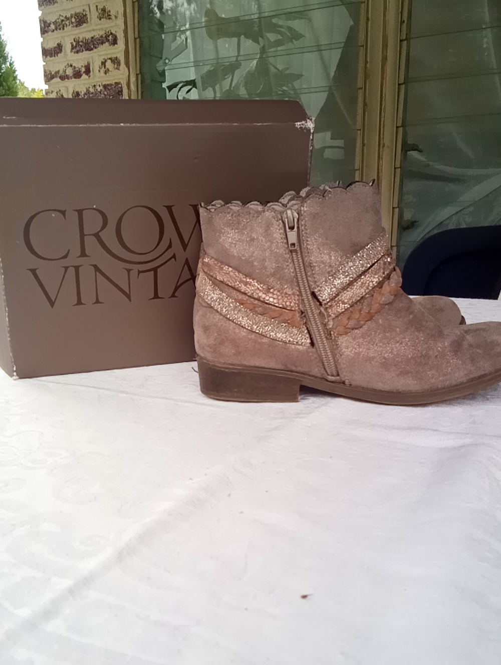 Crown Vintage Taupe Suede Ankle Boots with Braided & Glitter Straps